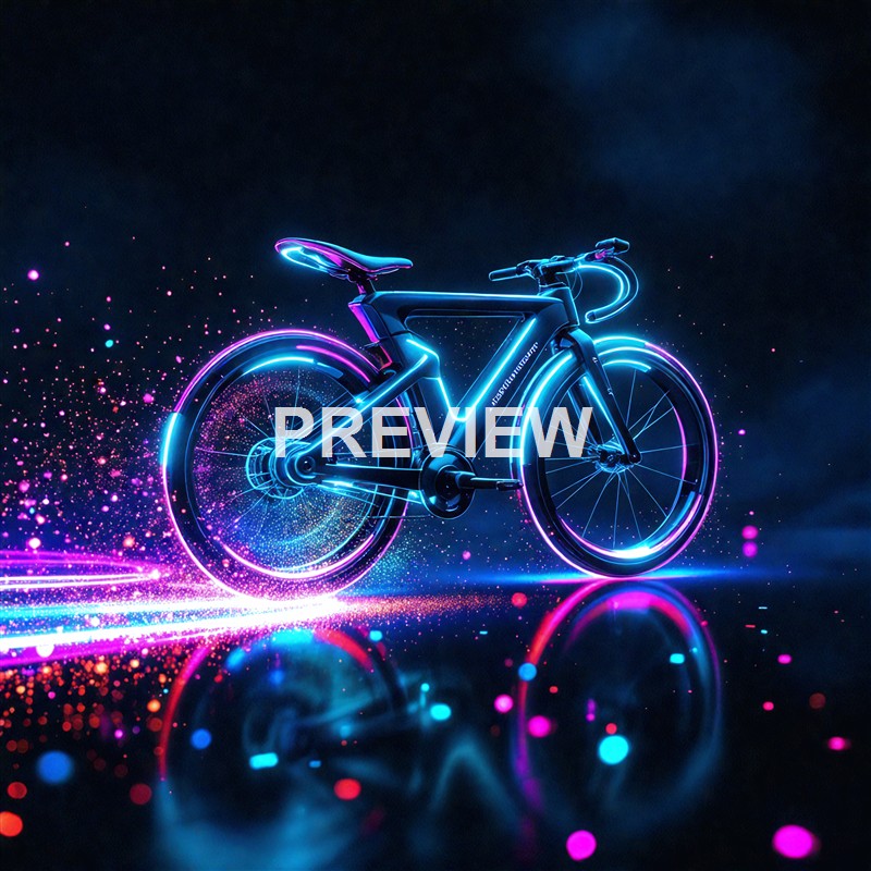 A futuristic-looking bicycle outlined with neon blue and purple lights, appearing to glow against a dark background with colorful sparkles and reflections.